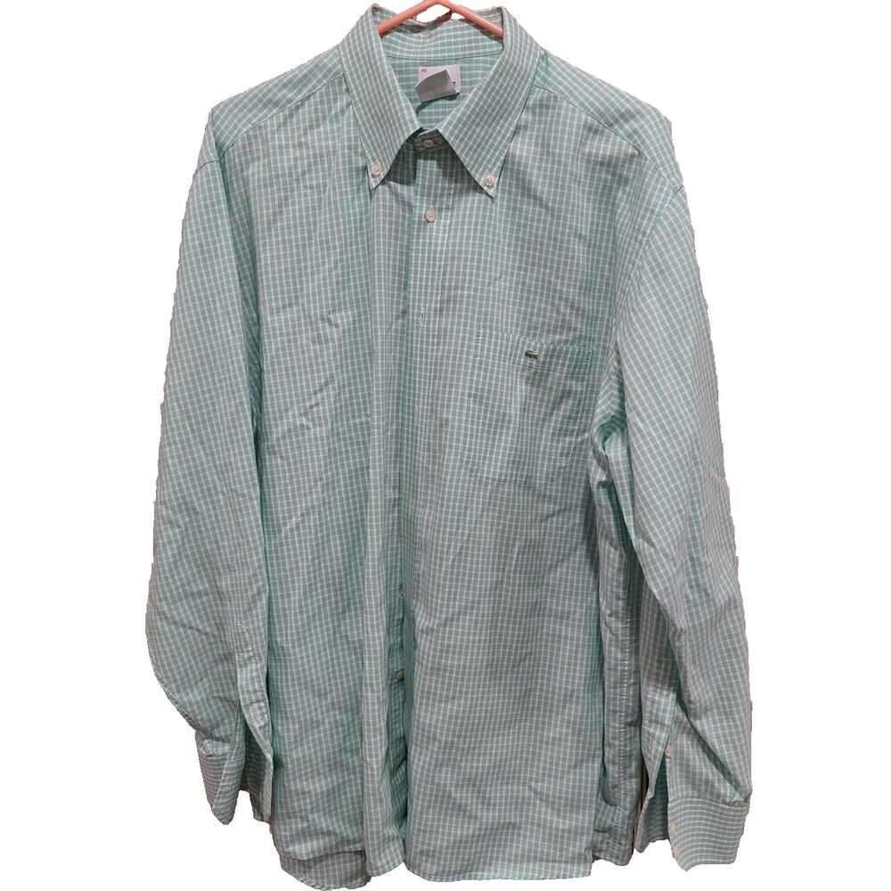 Lacoste Shirt Men’s 42 Plaid Green White Button Up Gator Cotton France Made EUC